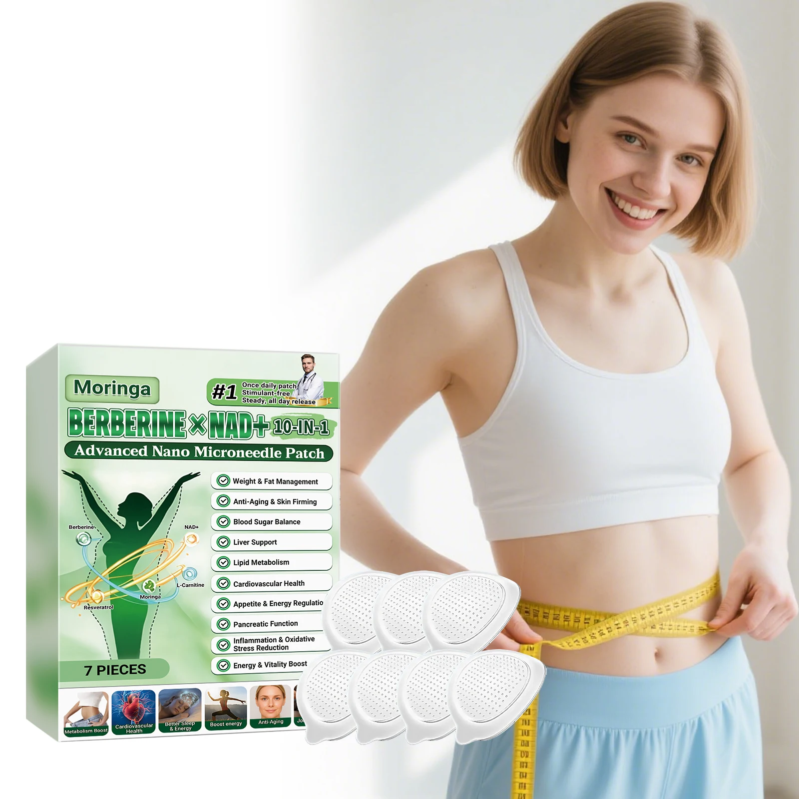 Parche de Microagujas Nano Nad+ 10 en 1 de 0.2mm, Parches Suaves Hidratantes, Reafirmantes y Contorneadores de la Piel, Parche de Moringa Adhesivo