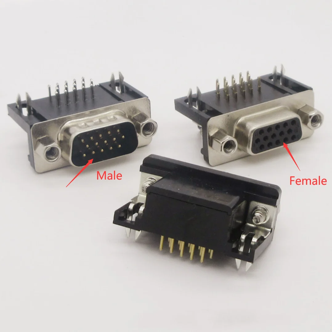 5PCS DB15 DR15 3Rows Parallel Port 15 Pin D Sub Female Male 15 Way PCB 90 Degree Connector DB15 Socket Plug VGA Adapter