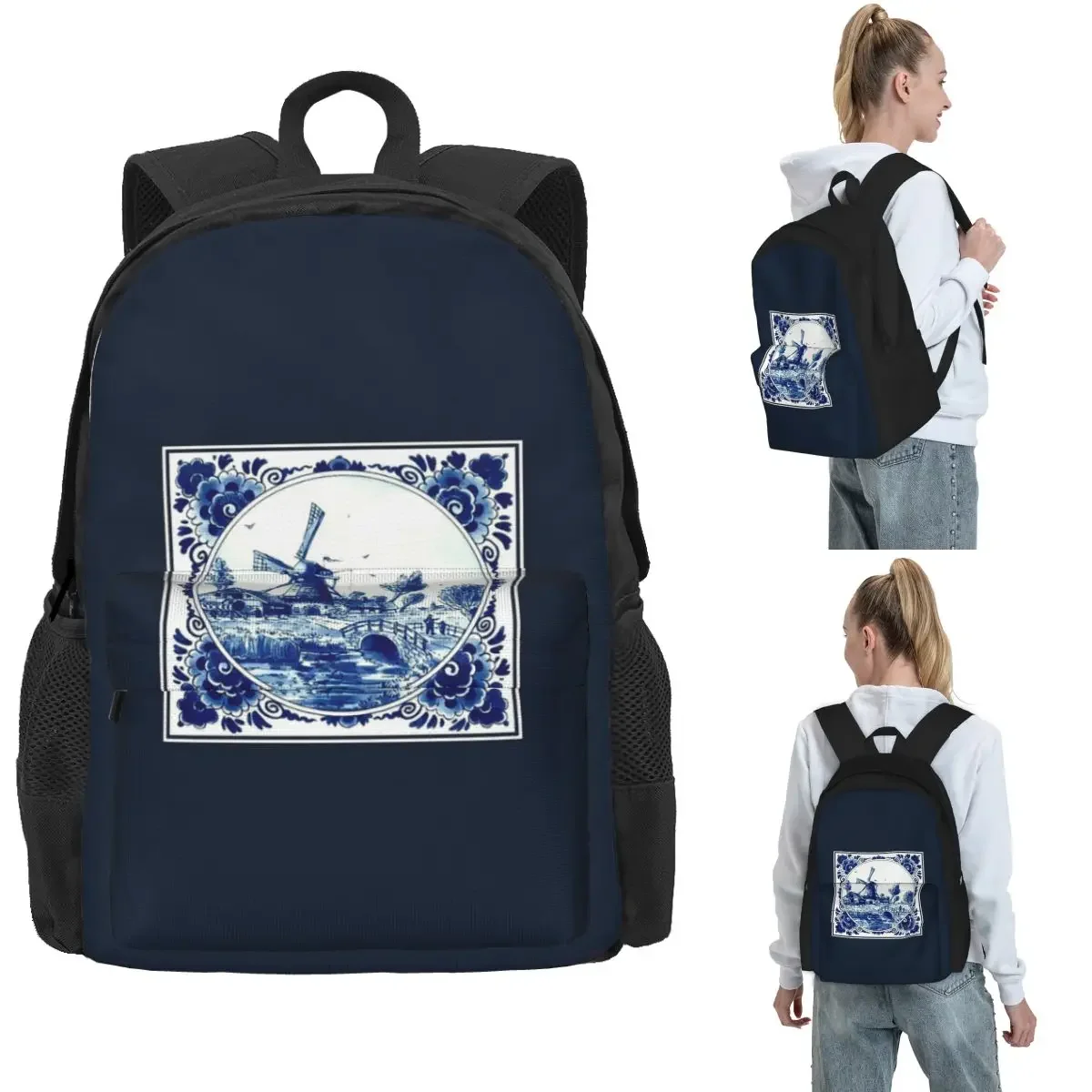 DUTCH BLUE DELFT Vintage Windmill And Bridge Print Backpack Hot Sale Daypack Large Capacity Kids BookBag   for Men Women