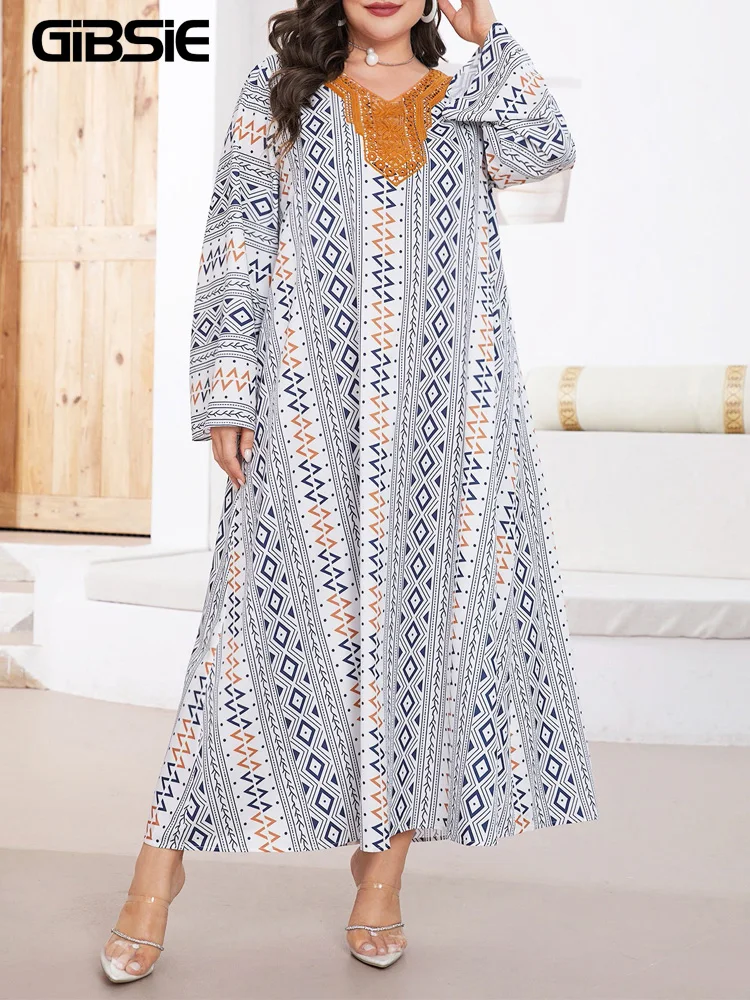 GIBSIE حجم كبير التباين الدانتيل الخامس الرقبة طباعة فستان مناسبات المرأة الربيع والخريف طويلة الأكمام فضفاضة فساتين ماكسي امرأة عادية