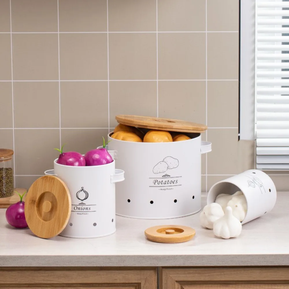 Carbon Steel Potato Onion Garlic Storage Jar with Lid Cylindrical Garlic Storage Bin White Ventilation Holes view 3