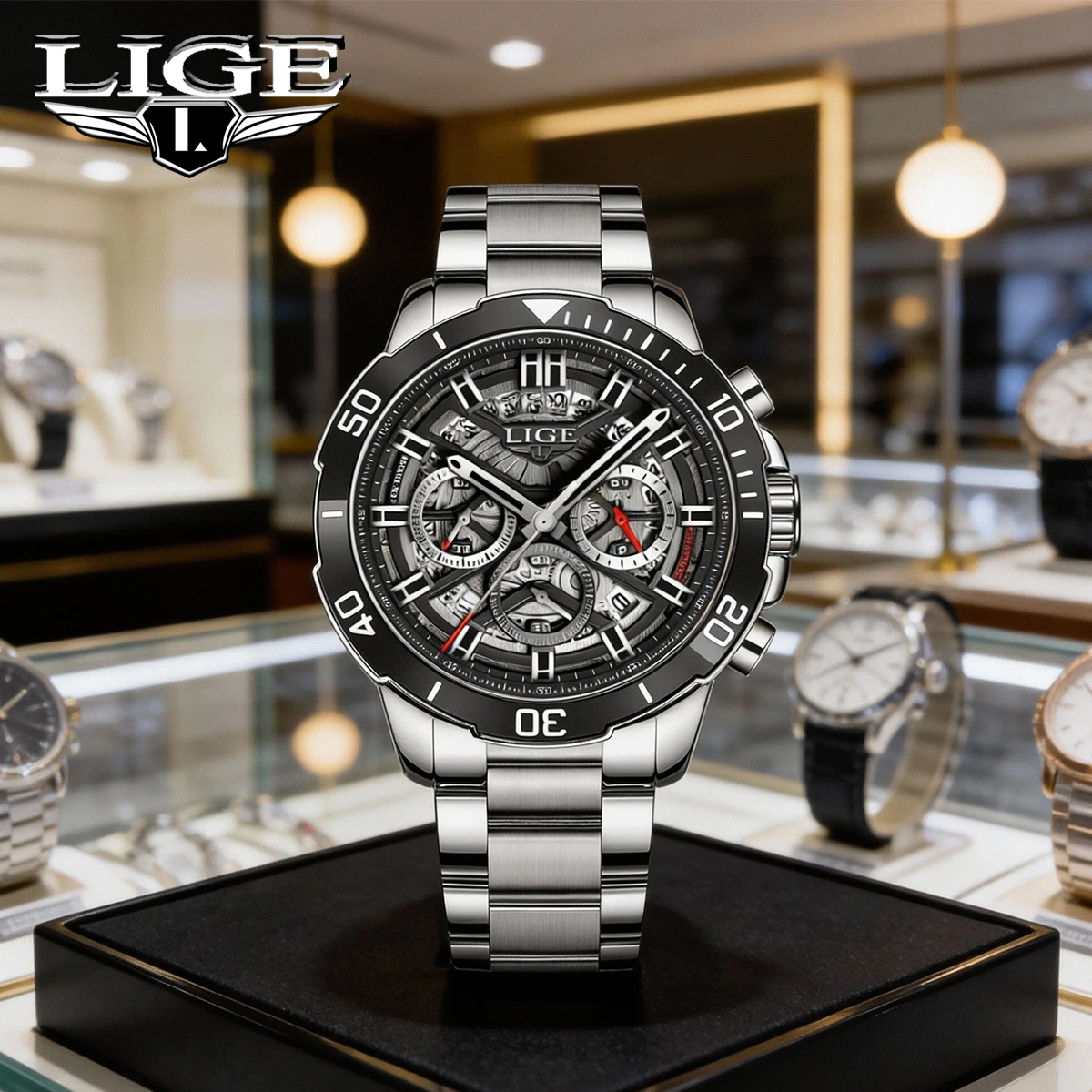 

﻿ Мужские часы LIGE Luxury, модные деловые кварцевые часы с указанием даты и дня недели, водонепроницаемые, с подсветкой, двойным календарем, стильные часы для мужчин.