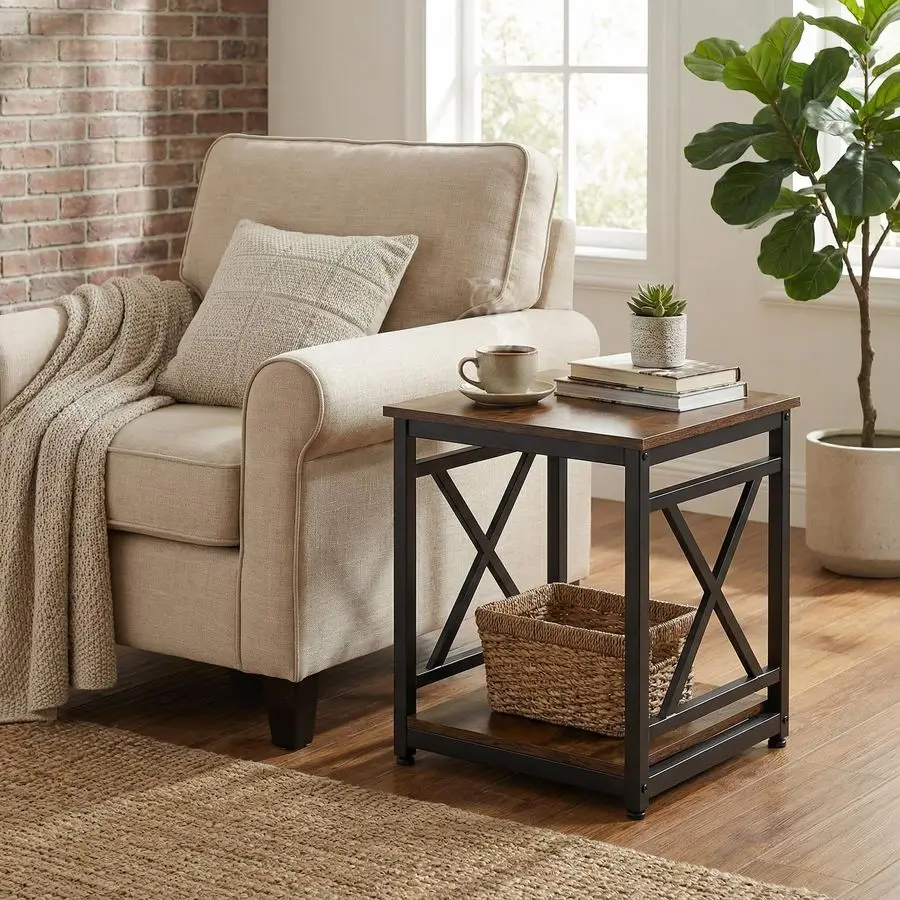 End Table with 2Tier Storage Shelf, 18 Square Side Table with XDesign Metal Frame, Rustic Brown Nightstand Bedside for Living Ro