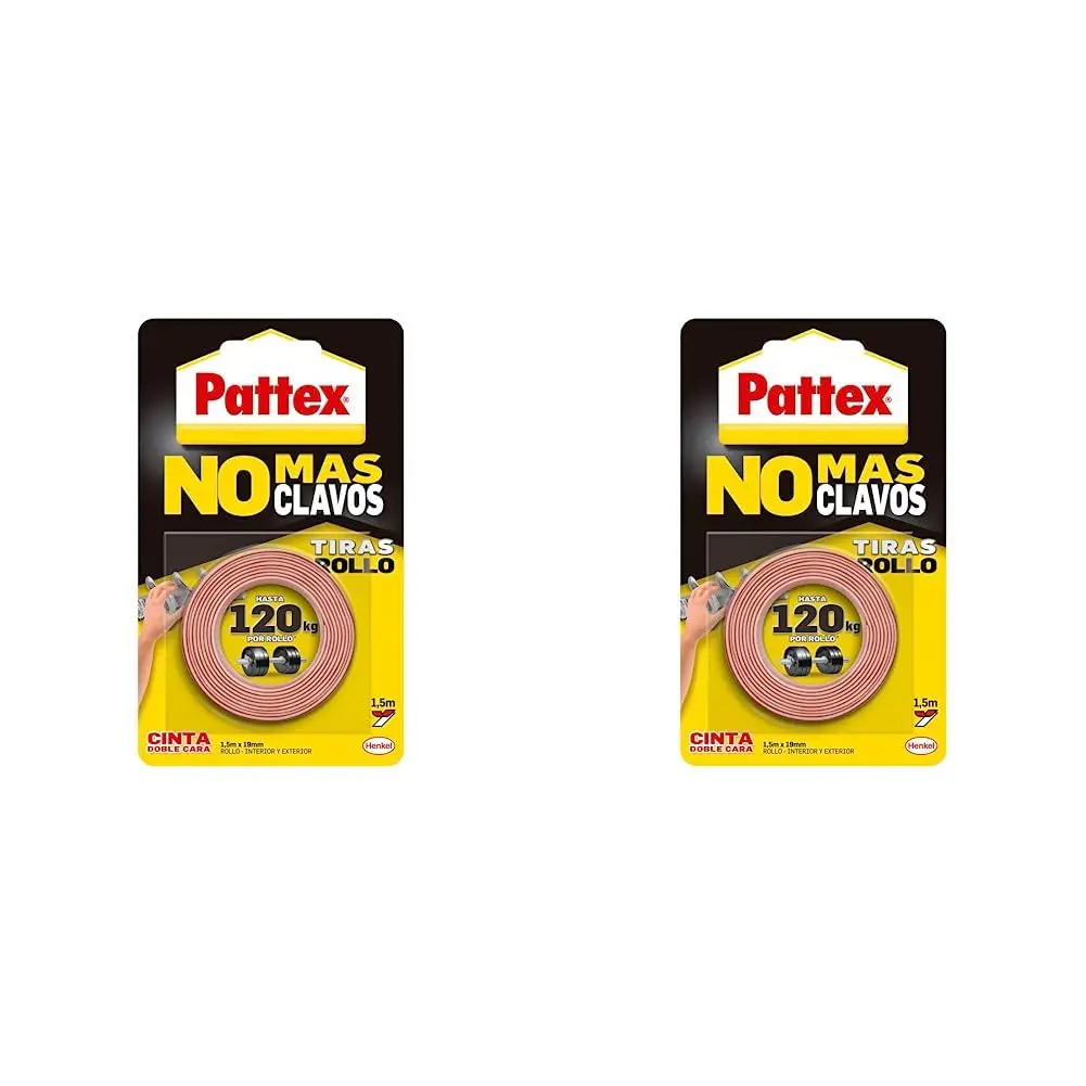 Pack de 2 Pattex No Más Clavos Cinta, cinta adhesiva para aplicaciones permanentes, cinta de doble cara extrafuerte, adhesivo de montaje para interior y exterior, 19 mm x 1,5 m