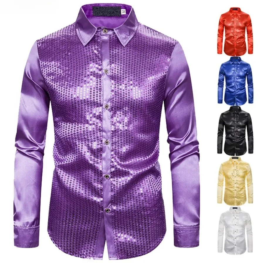 

2025 Men's Carnival Sequins Shirt Cool Glitter Dance Dress Shirt Long Sleeve Button Shiny Shirt Night Party Club Male Clothing