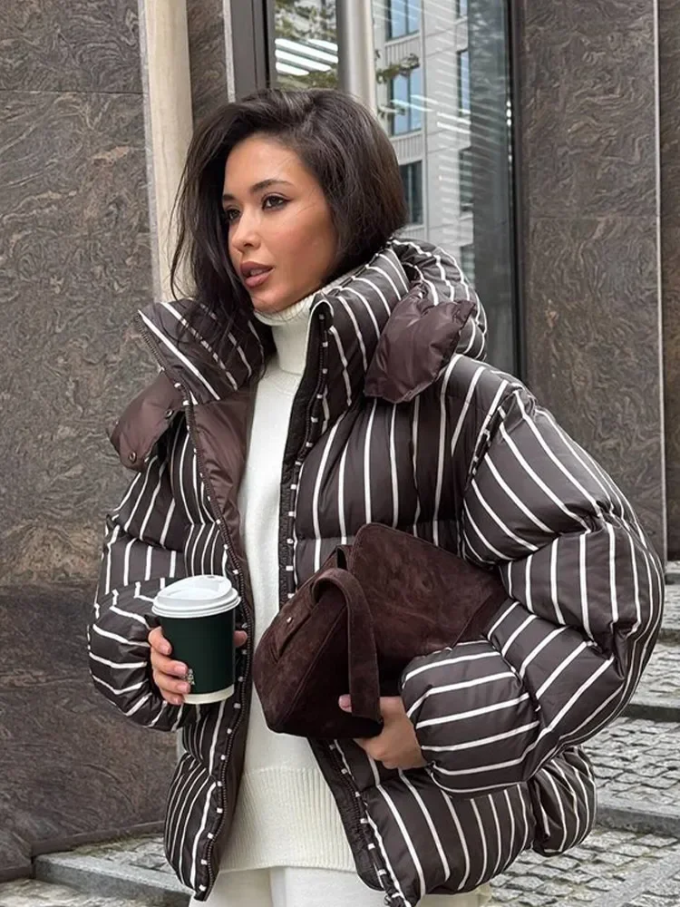 

Warm Jackets Lady Winter Daily Street Coats Striped Hooded Cotton Jacket Women Fashion Stand Collar Full Sleeve Zipper Pocket