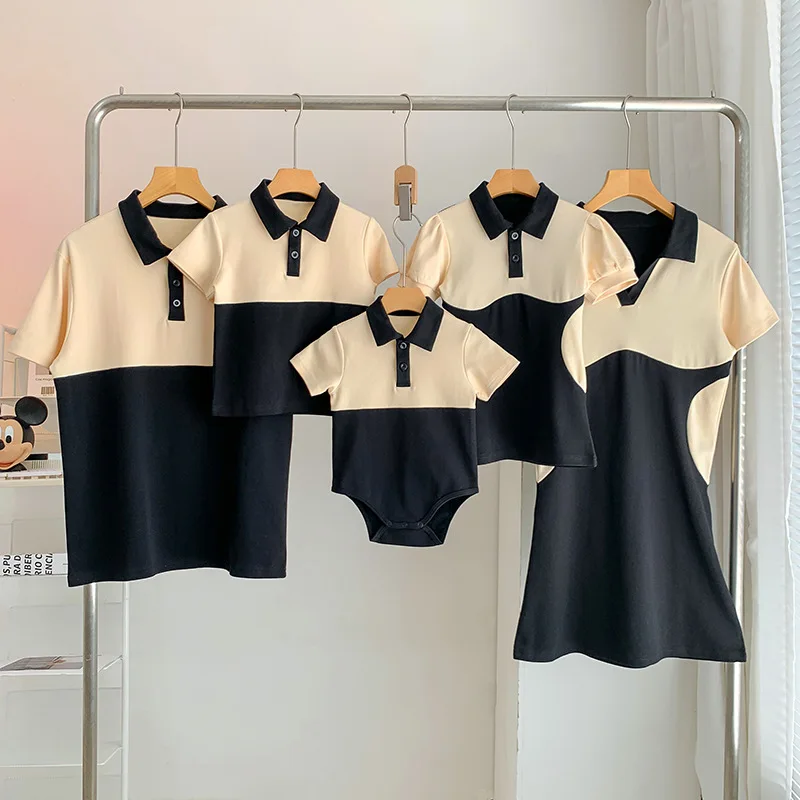 

Mom Daughter Dress Dad Son Polo T-shirt Baby Romper for Family Fashion Matching Clothing Short-sleeve Adult Kids Tops Outfits