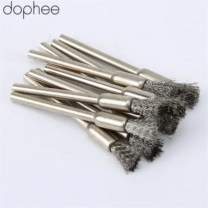 10Pcs/set  Stainless Steel Wire Pencil Brushes Wheel Mandrel Set Dremel Accessory for Rotary Tools 3.17mm Craft DIY Tool dophee