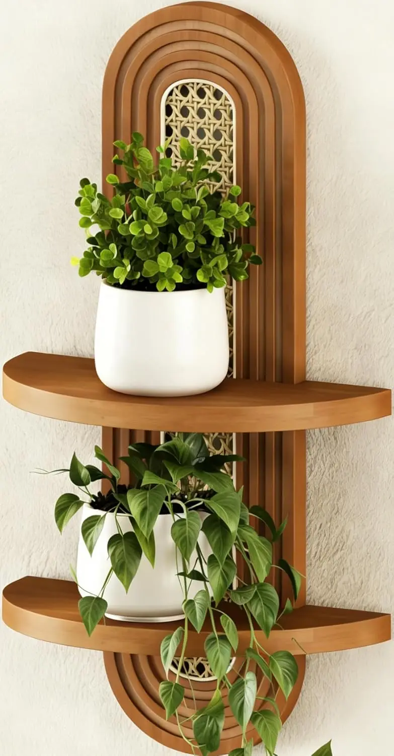 

Floating Shelves for Wall,Boho Home Wall Decor,2-Tier Rattan Plant Shelf,Mid Century Hanging Small Decorative Shelf,Nat