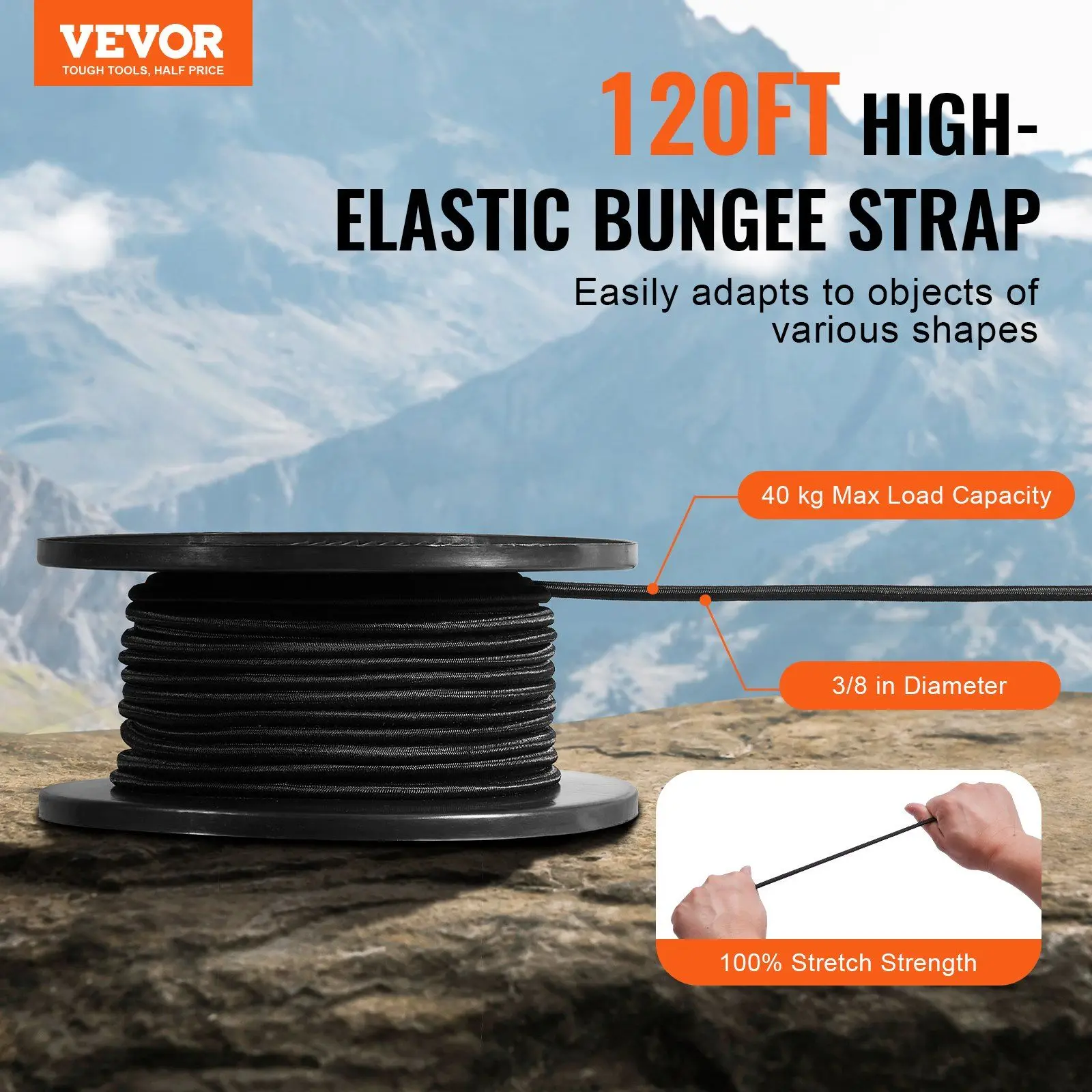 3/8in Bungee Cord 120 ft/36 m Spool Heavy Duty Bungee Straps 100% Stretch