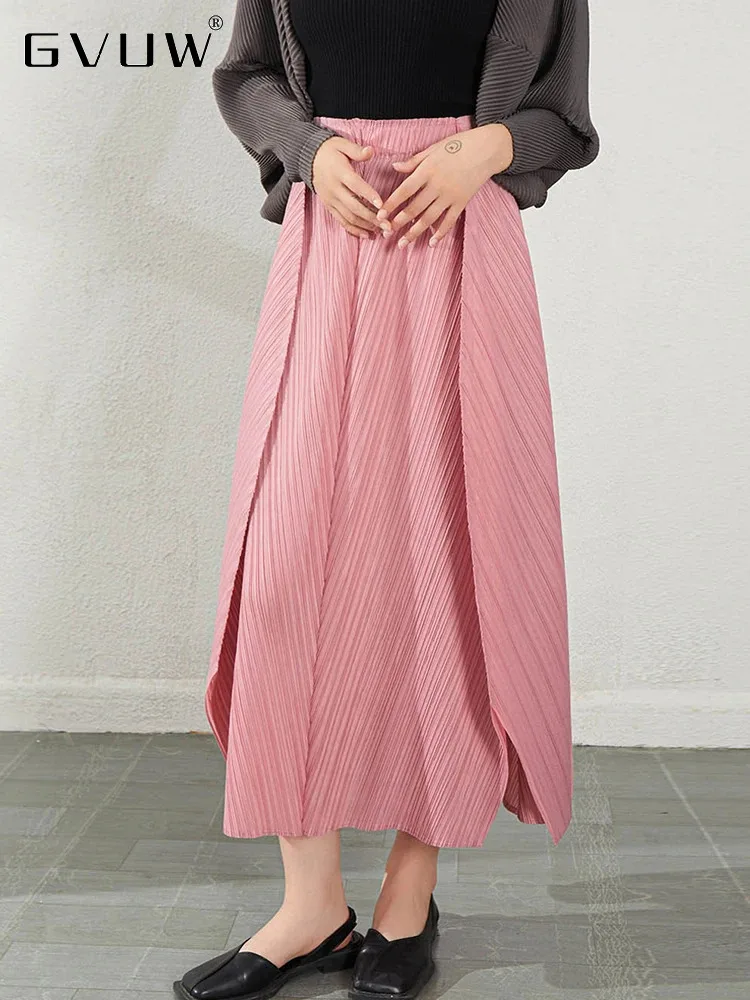 GVUW Fashion Pleated Skirt Women Irregular Hem A Line High Waist New 2025 Solid Color Loose Summer Gathered Waist Lady 17G5759