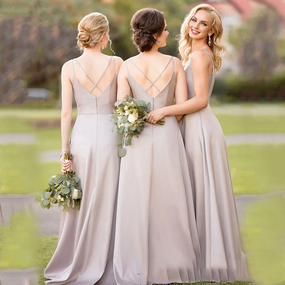 ENOCH Simple A-Line Bridesmaid Dresses V-Neck Spaghetti Straps Backless Zipper Back Floor Length Party Gown Düğün Parti Elbise