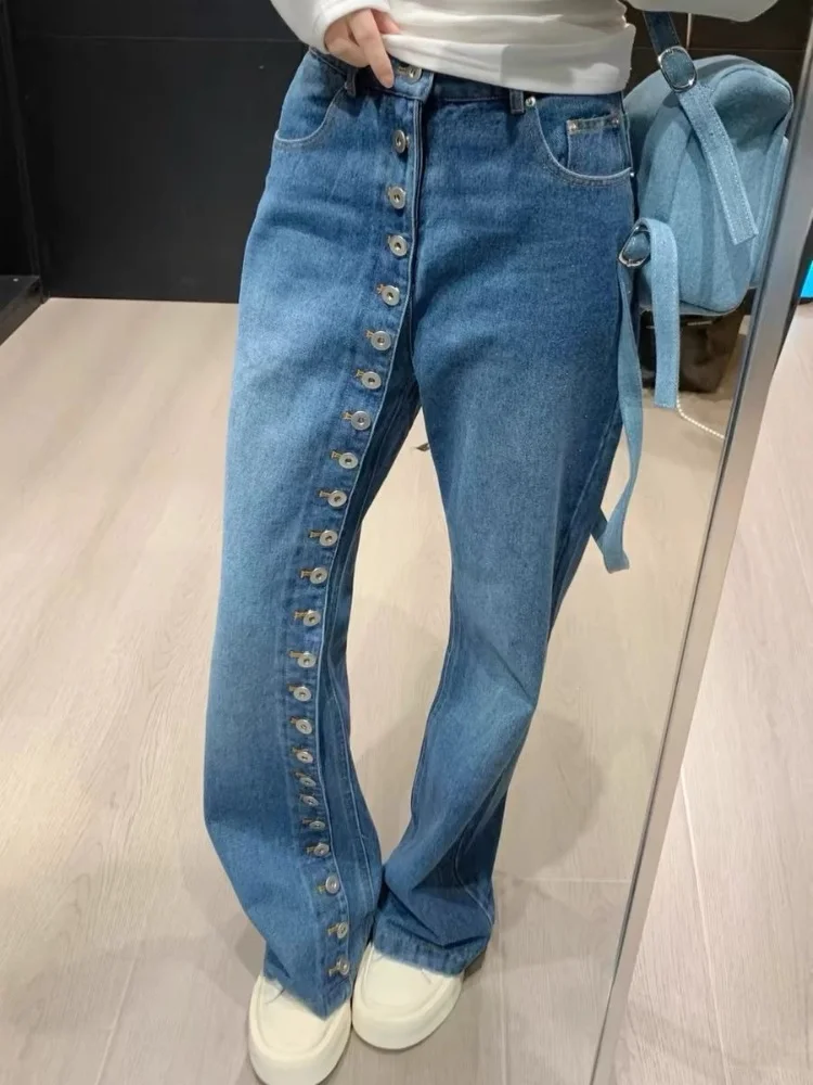 New Fashion Retro Design Multi Button Jeans For Women Slim High Waisted Straight Leg Wide Leg Pants