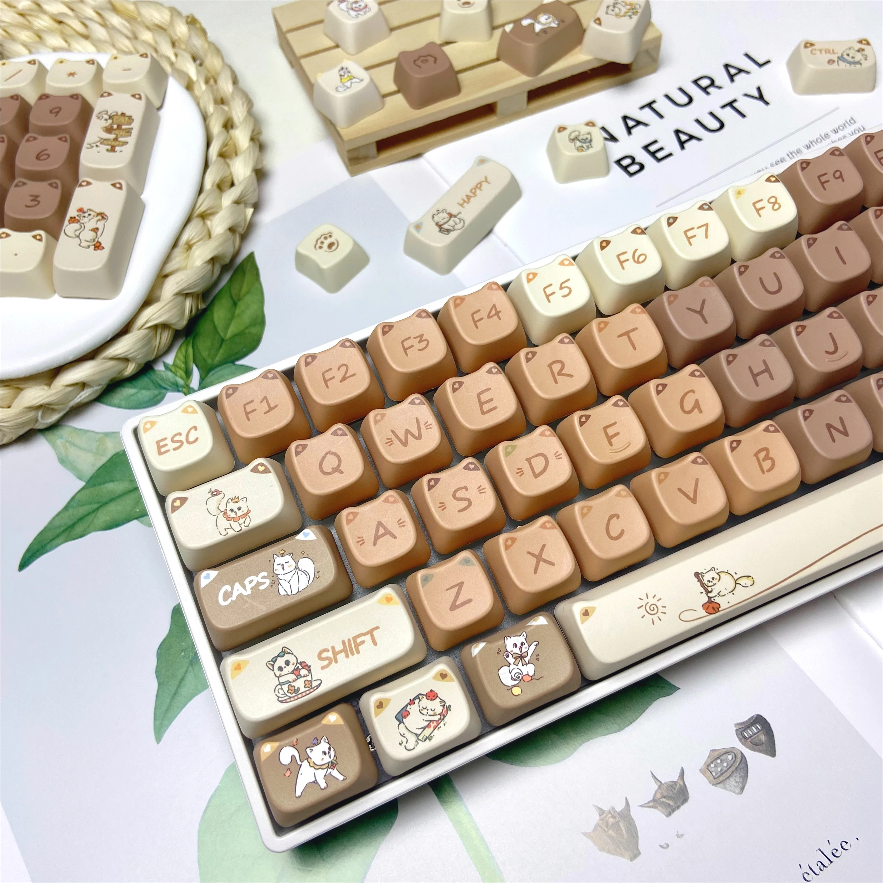 Naughty Cat Tastenkappen, braun, niedliche Tastenkappen, individuell für mechanische Tastatur, MAO-Profil, Ersatzkappe für Tastatur, DIY 68, 75, 108,