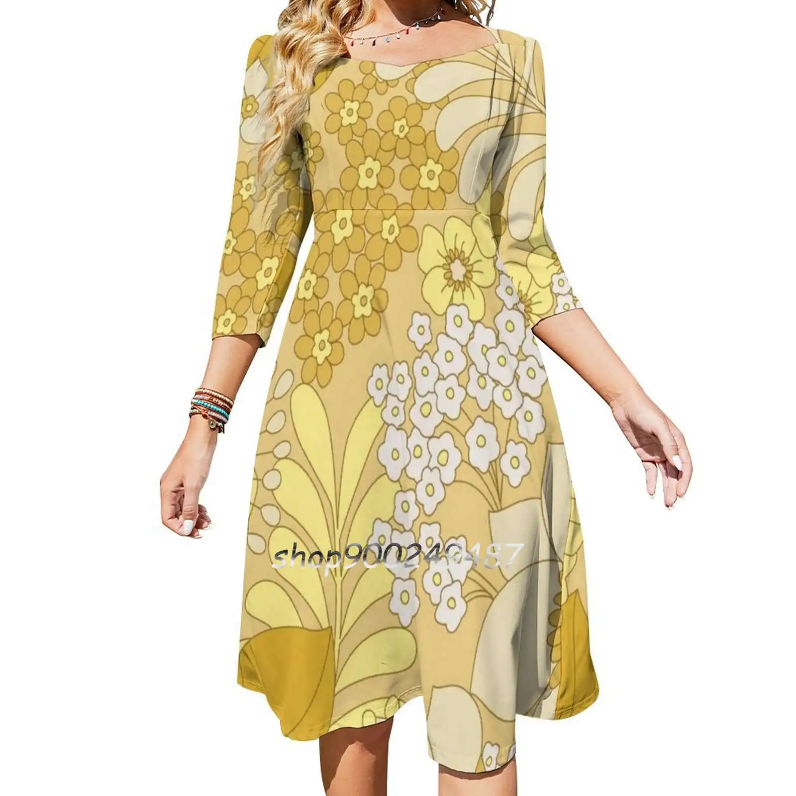 Yellow , Ivory & Brown Retro Floral Pattern Square Neck Dress New Plus Size Elegant Women Waist Tight Dress Yellow Ivory Brown