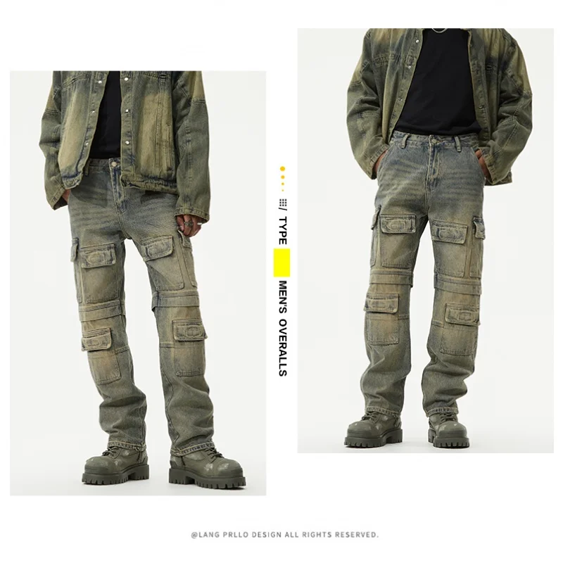 American retro tide loose straight men's jeans fall and winter new personality workwear multi-pocket men's pants