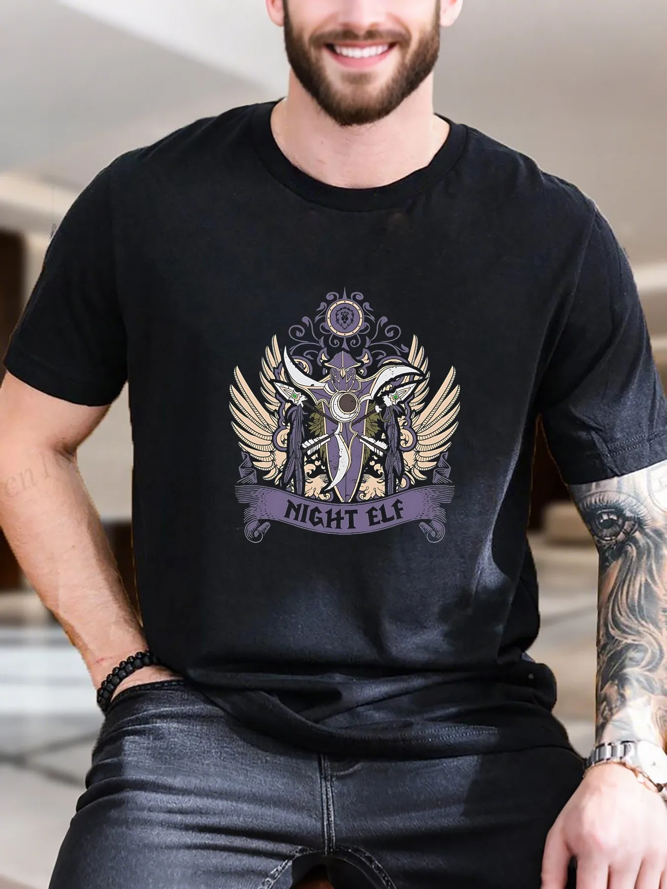 

New Arrival Fashion Men's Printed Short Sleeve T-Shirt Stylish Purple Gold Crest with Sword Design 100% Cotton Breathable Tee for Men