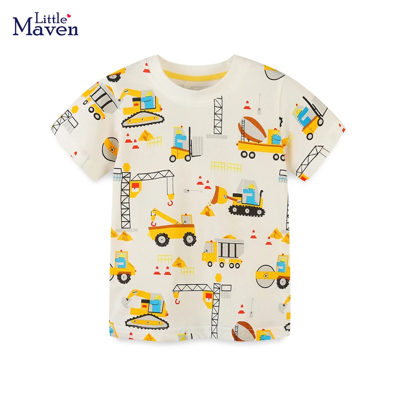 Little maven 2026 Summer New Kids Clothes T Shirts Holiday Baby Boys Children's Clothing Cartoon Excavators Shirts 2-7 Years
