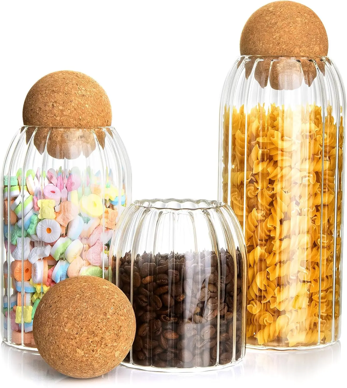 

3Pcs Glass Storage Container with Round Cork,Coffee Bean Jar Glass Cork Clear Stripe Glass Bottles with Cork Glass Ca