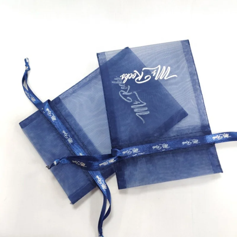 custom.Custom Navy Blue Organza Nail Packaging Pouch With Silver