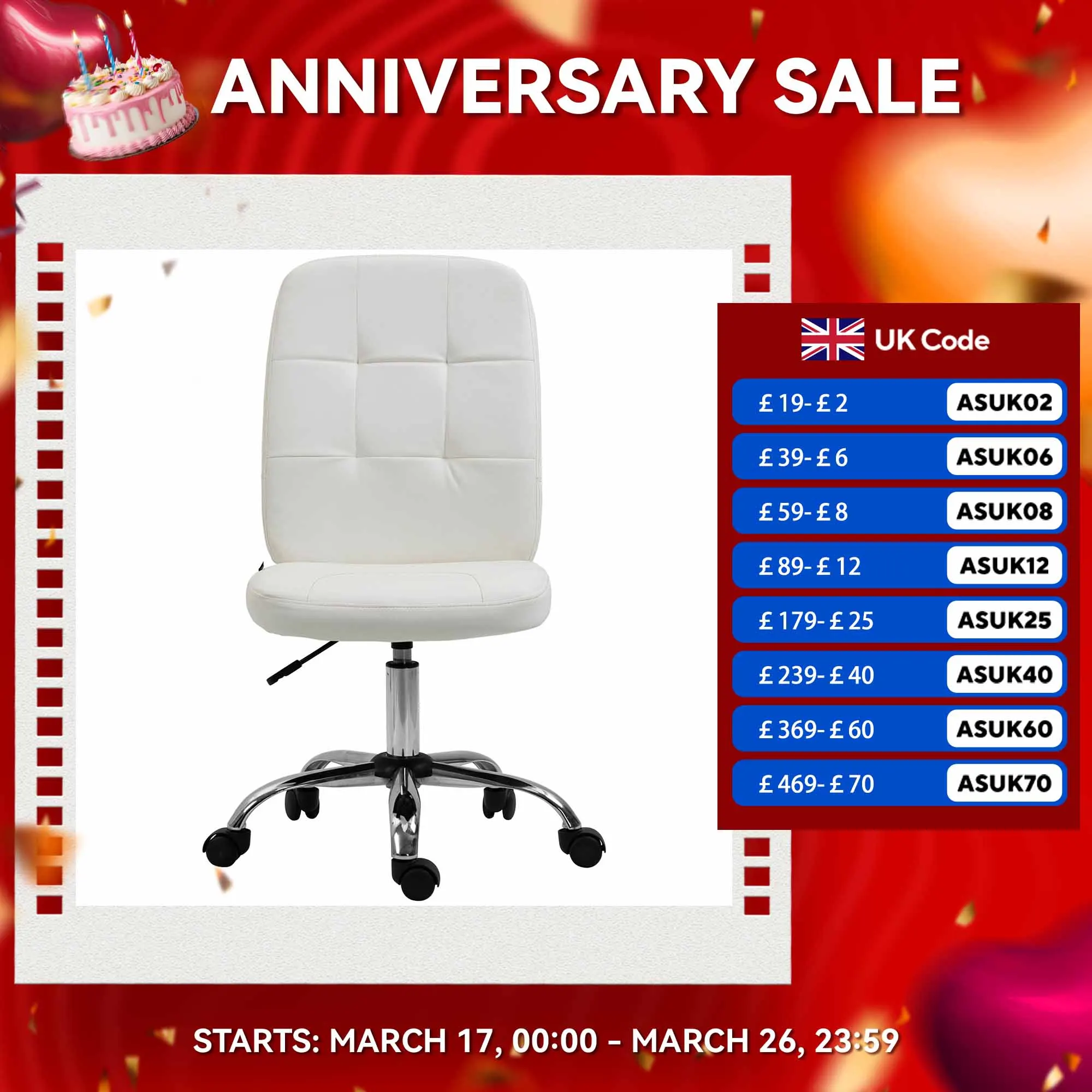 Vinsetto Curved Back Home Office Chair with Adjustable Height, White