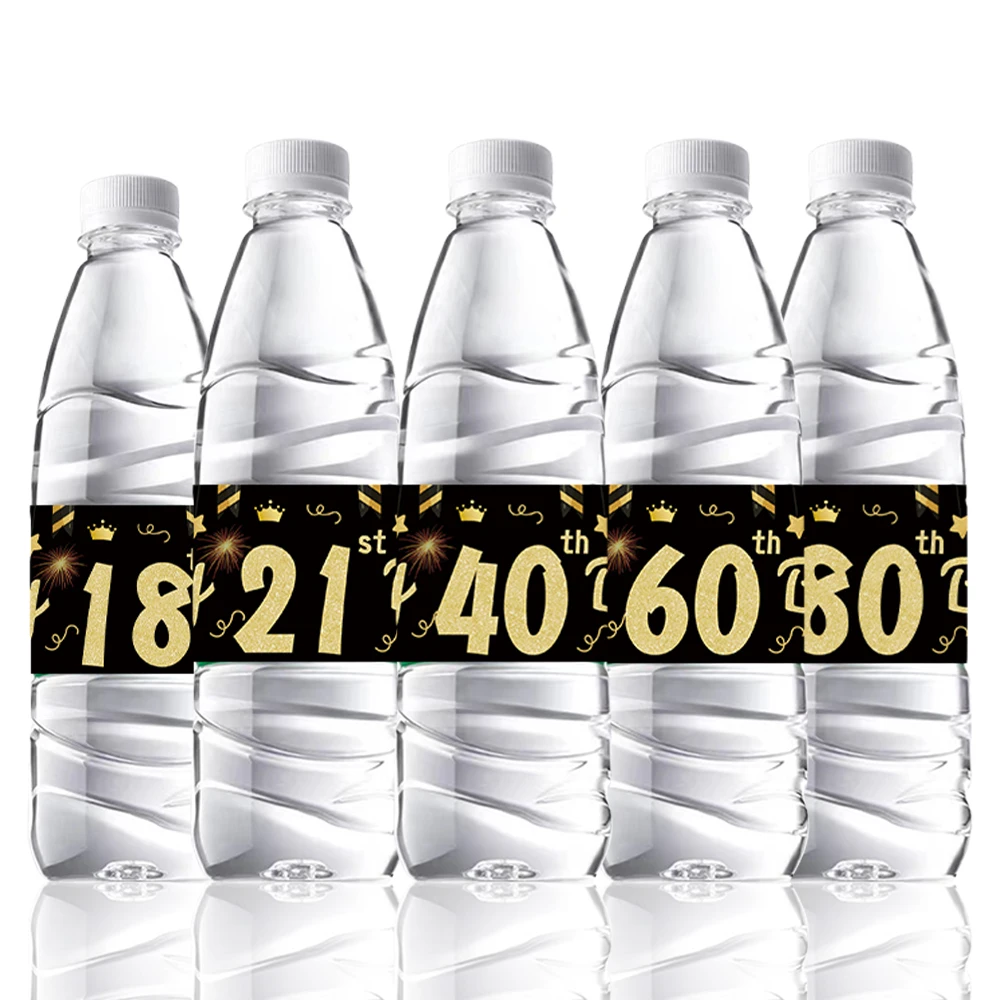 24pc Black Gold Birthday Bottle Stickers 18 50 60 70 80th Happy Birthday Water Bottle Sticker Label Adult Birthday Party Supplie