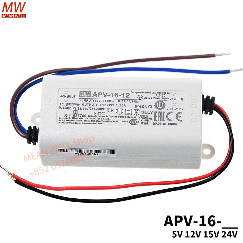 

Original MEAN WELL APV-16-5/12/15/24V Constant voltage LED decorative advertising lighting equipment Small power supply 16W
