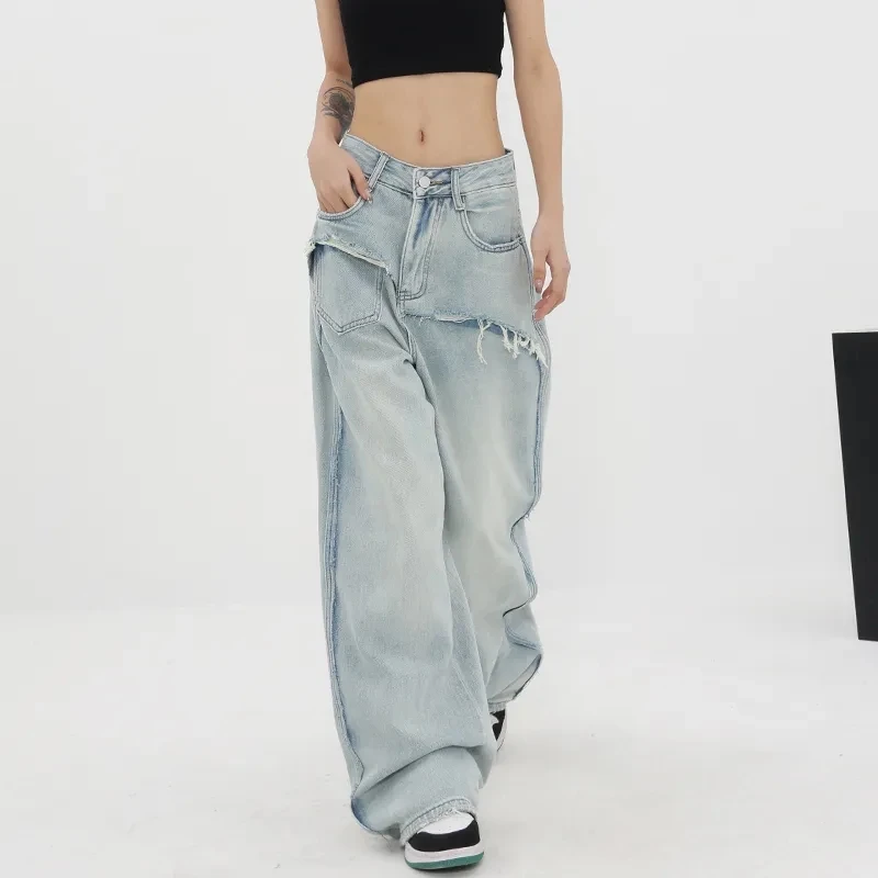 GAODINGLAN Vintage High Waist Straight Tube Splicing Women Jeans High Street Wide Leg Baggy Denim Pants Y2k Blue Trousers Female