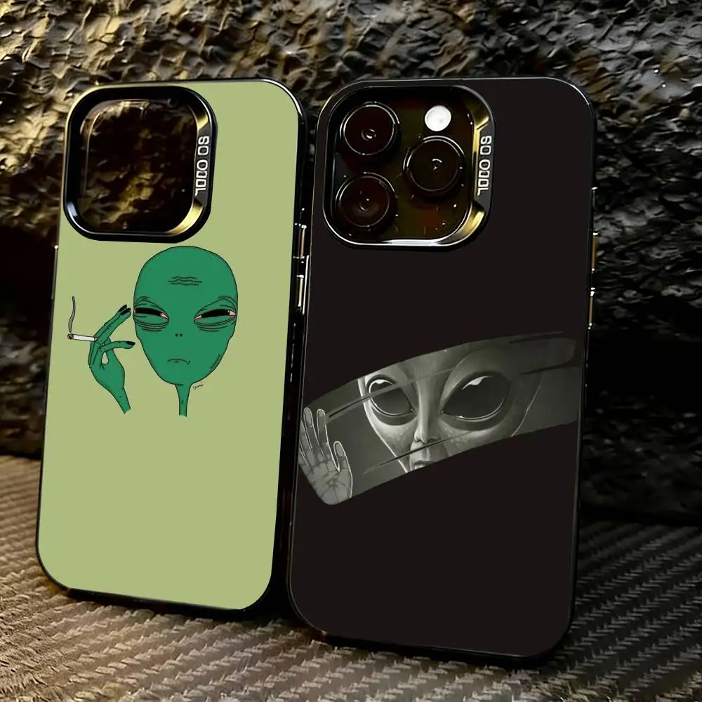 

Funny Space UFO A-alien T-thing Phone Case For iPhone 17,16,15,14,13,12,11 Plus,Pro Max,XS,Colored Silver Plated Inside Cover