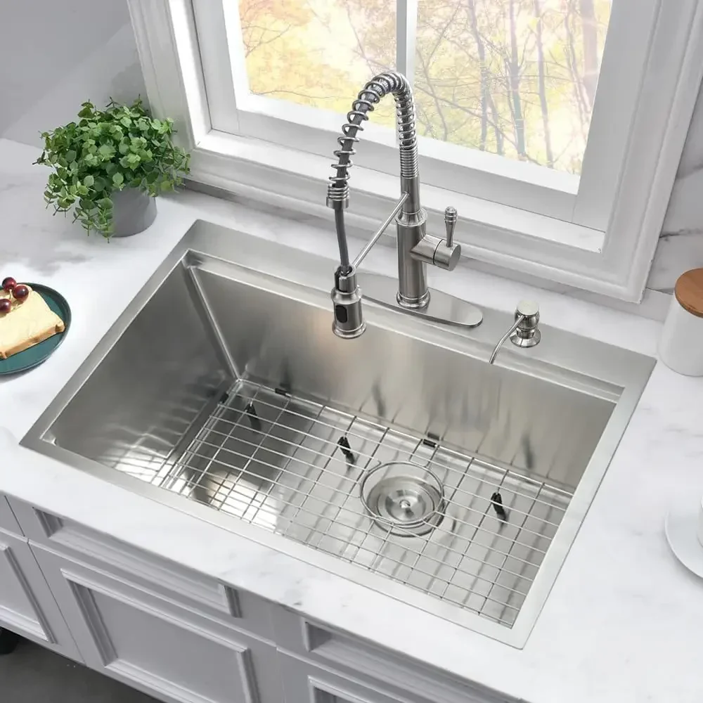 33x19 Kitchen Sink Drop In Stainless Steel Workstation Sink 16 Gauge Single Bowl Deep Kitchen Sink with Cutting Board