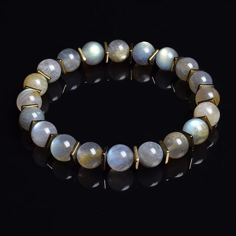 Grey Labradorite Bead Bracelets Pedra Natural E Dourada Hematita Praça Slice Bracelet Moonstone Homens Mulheres Alta Guality Jewelry