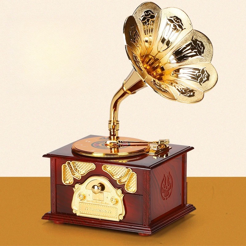 Vintage Gramophone Drawer Music Box for Home Decoration Wedding Birthday Gift Figurine Jewelry Box Hand Carousel Music Box