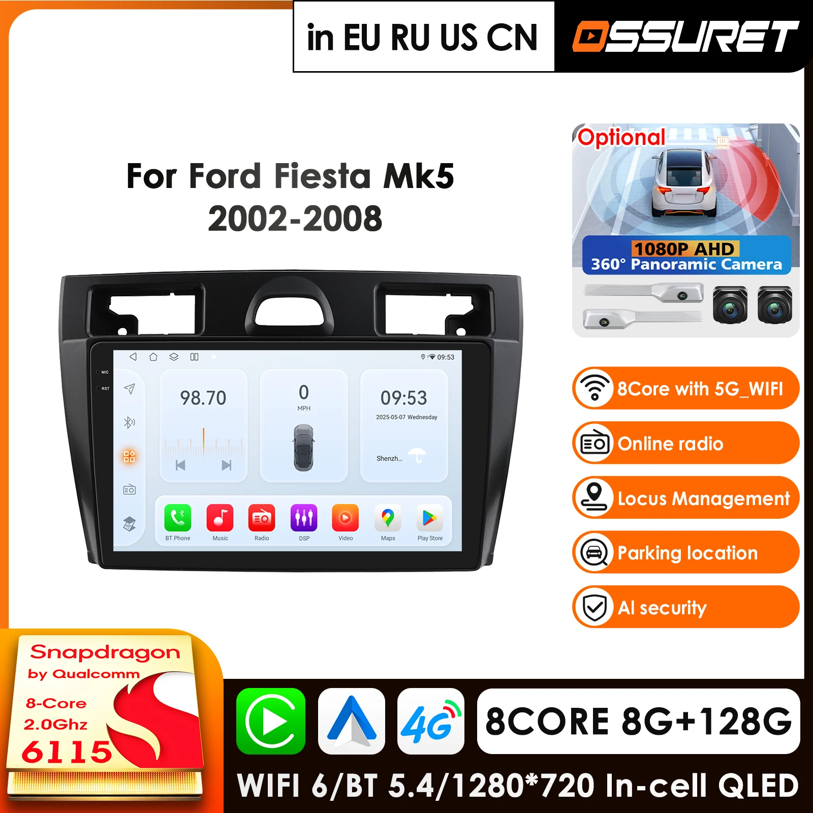 

9'' Car Radio For Ford Fiesta Mk5 2002 -2008 Audio Multimedia Player CarPlay Android Auto GPS Bluetooth WIFI FM RDS Autoradio AI