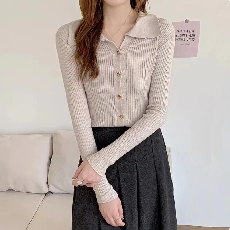 

Vintage Slim Polo Collar Single-breasted Cardigan Sweater Spring Autumn Loose Long Sleeves Streetwear 8 Colors Cropped Sweaters