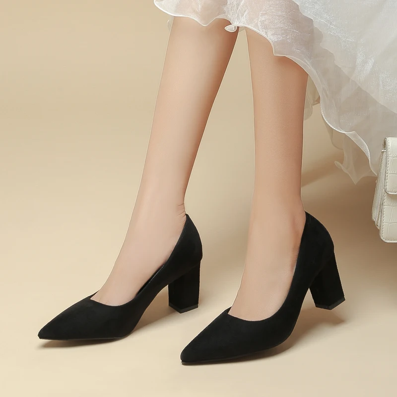 New Women Pumps Flock Sweet Thick High Heels Female Sexy Office Pointed Toe Dress Work Pump Cute Shoes Footwear Work Shoes Pumps