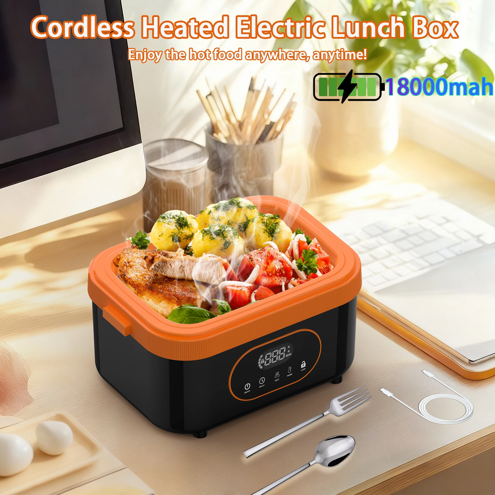 

Protable Cordless Electric Lunch Box 1.5L Rechargeable 18000mAh Battery SelfHeating Food Warmer Stainless Steel Heating lunchbox