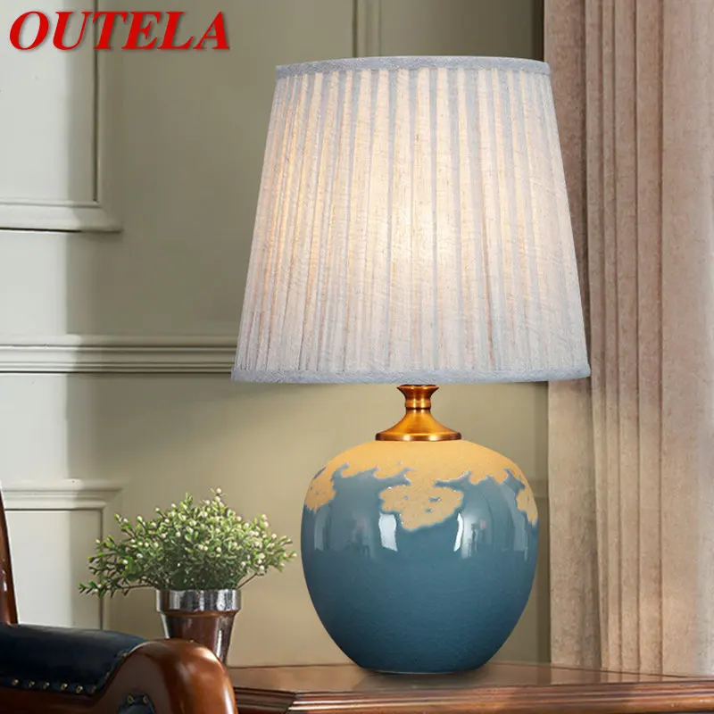 

OUTELA Nordic Luxury Creative Ceramics Table Lamp LED Modern Blue Dimming Bedside Light for Desk Decor Bedroom