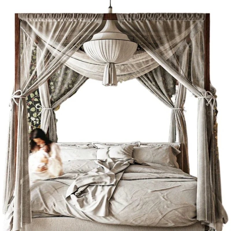Medieval style column double bed, soft bag bed with mantle tent