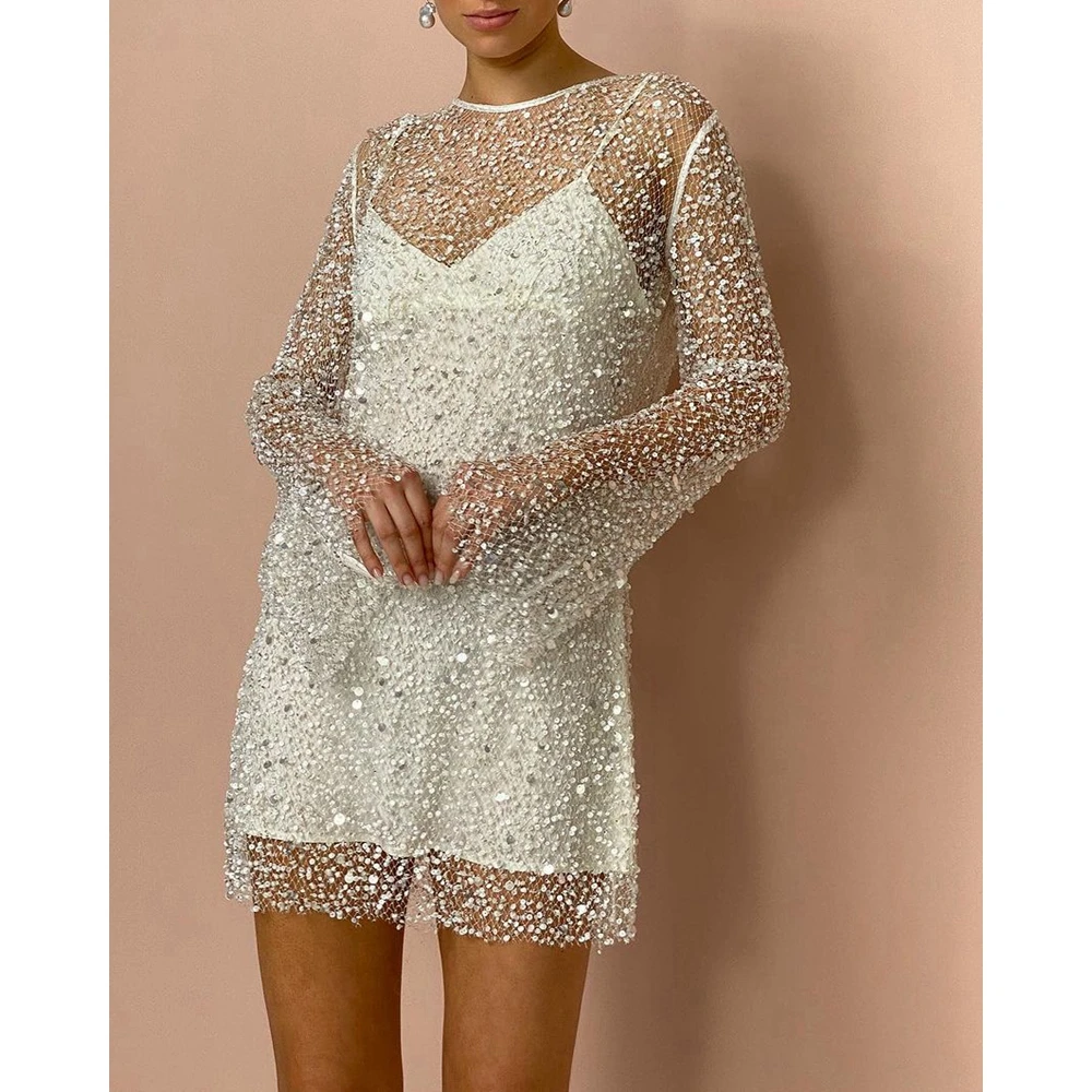 

2024 Summer Sequins Sheer Mesh See Through Long Sleeve White Suit Dresses for Women Robe Sexy Femme 2 Pieces Set Short Dresses