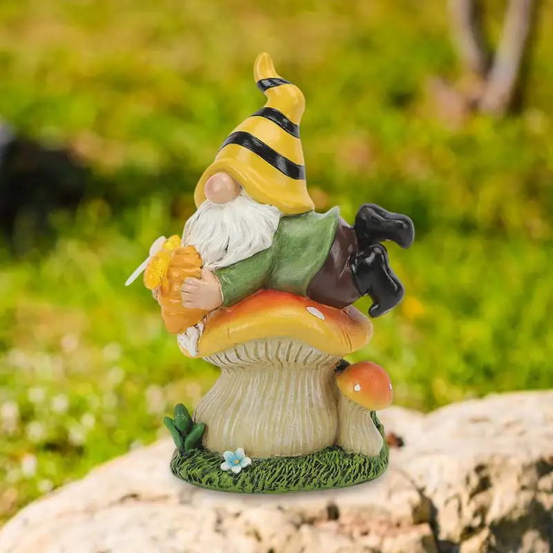 Gnome Solar Light Garden Gnomes Resin Lying On Mushroom Dwarf Outdoor Statue Garden Figurine Holding Honey Jar Weatherproof