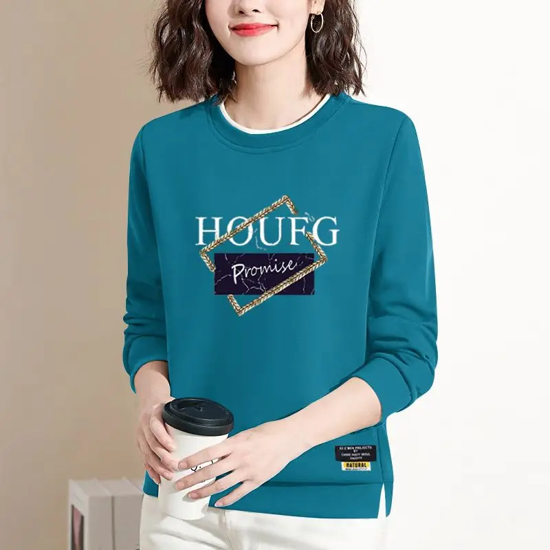 New Spring and Autumn Women\'s Solid Color O-Neck Long Sleeve Loose Letter Printed Pullovers Korean Fashion Comfortable Tops