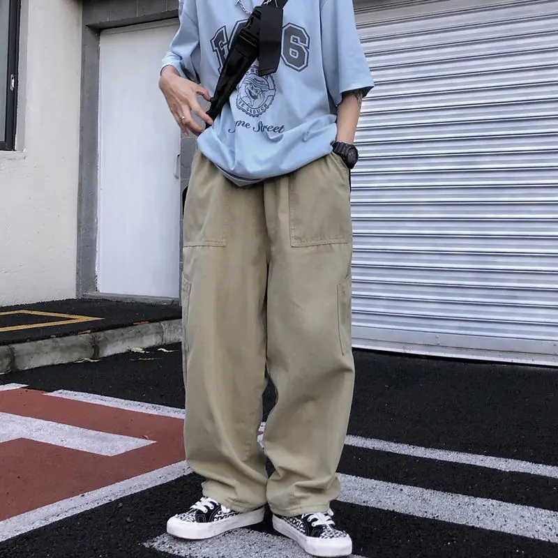 Men's Clothing Spring Autumn Wide Leg Solid Color Elastic Pockets High Waisted Trousers Cargo Preppy Style Korean Fashion Pants