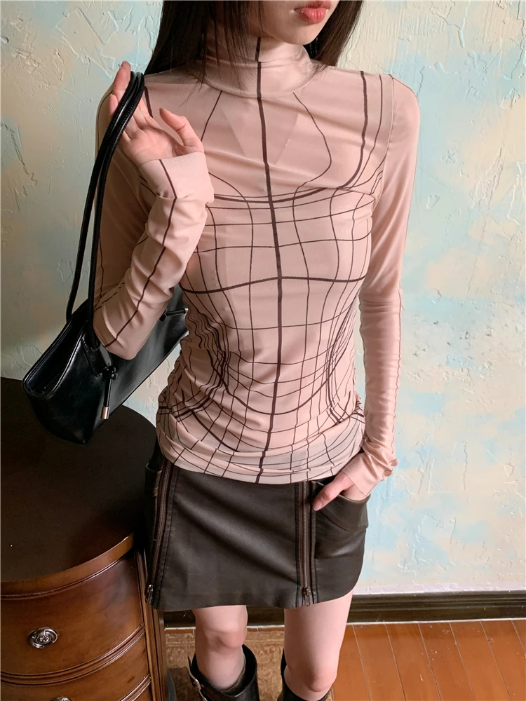 CHEERART Designer Mesh Long Sleeve Top Woman 2024 Turtleneck T Shirts Nude See Through Top Fashion Tees Clothes