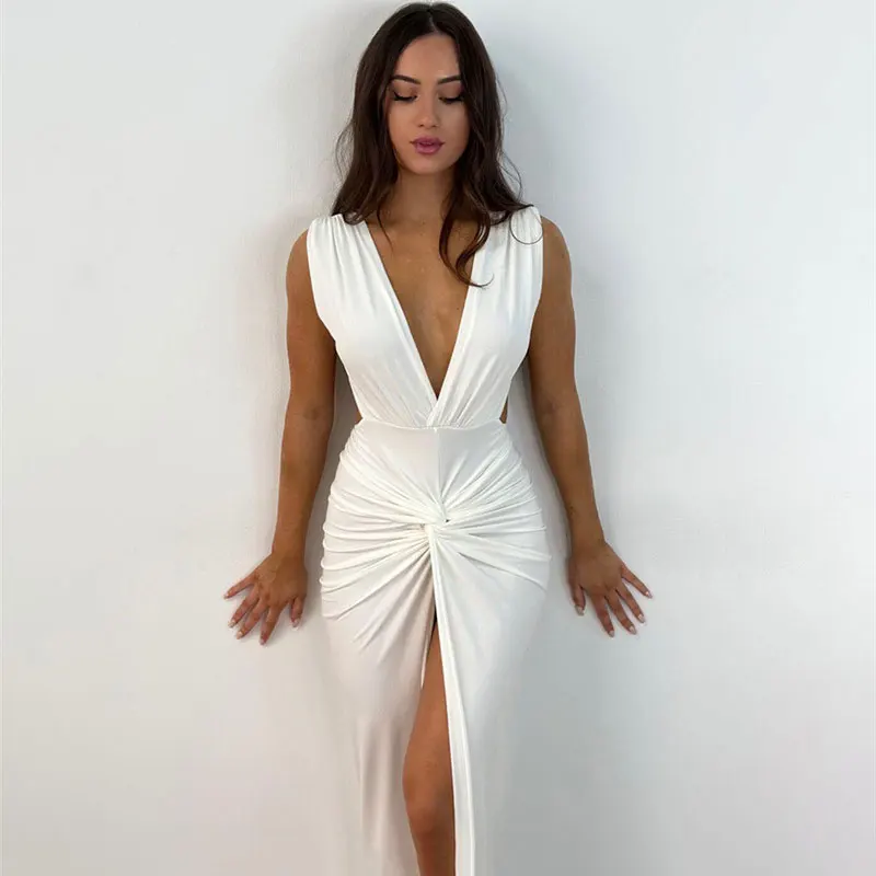 

Women Party Maxi Dress Sexy Backless 2023 Elegant Ruched Long Even Dresses Bodycon Fashion V Neck Hight Slit Summer Robe