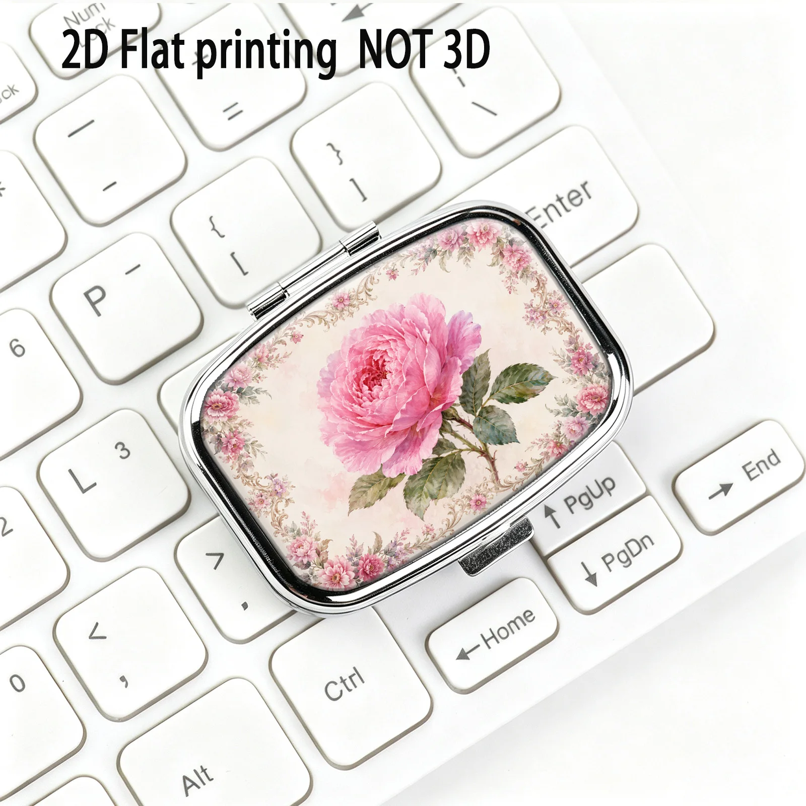 Vintage Lace Border with Floral Patterns of Pink Peonies and Roses, Small Square Pill Organizer with Two Compartments, Portable Medicine Storage, Can Also Be Used as a Home Portable Organizer, Decorative Box, Perfect for Handbags, Wallets, and Travel, Metal Storage Box, Small Jewelry Organizer, Ideal for Holiday Gifts, Souvenirs, Prizes, and Small Gifts view 3