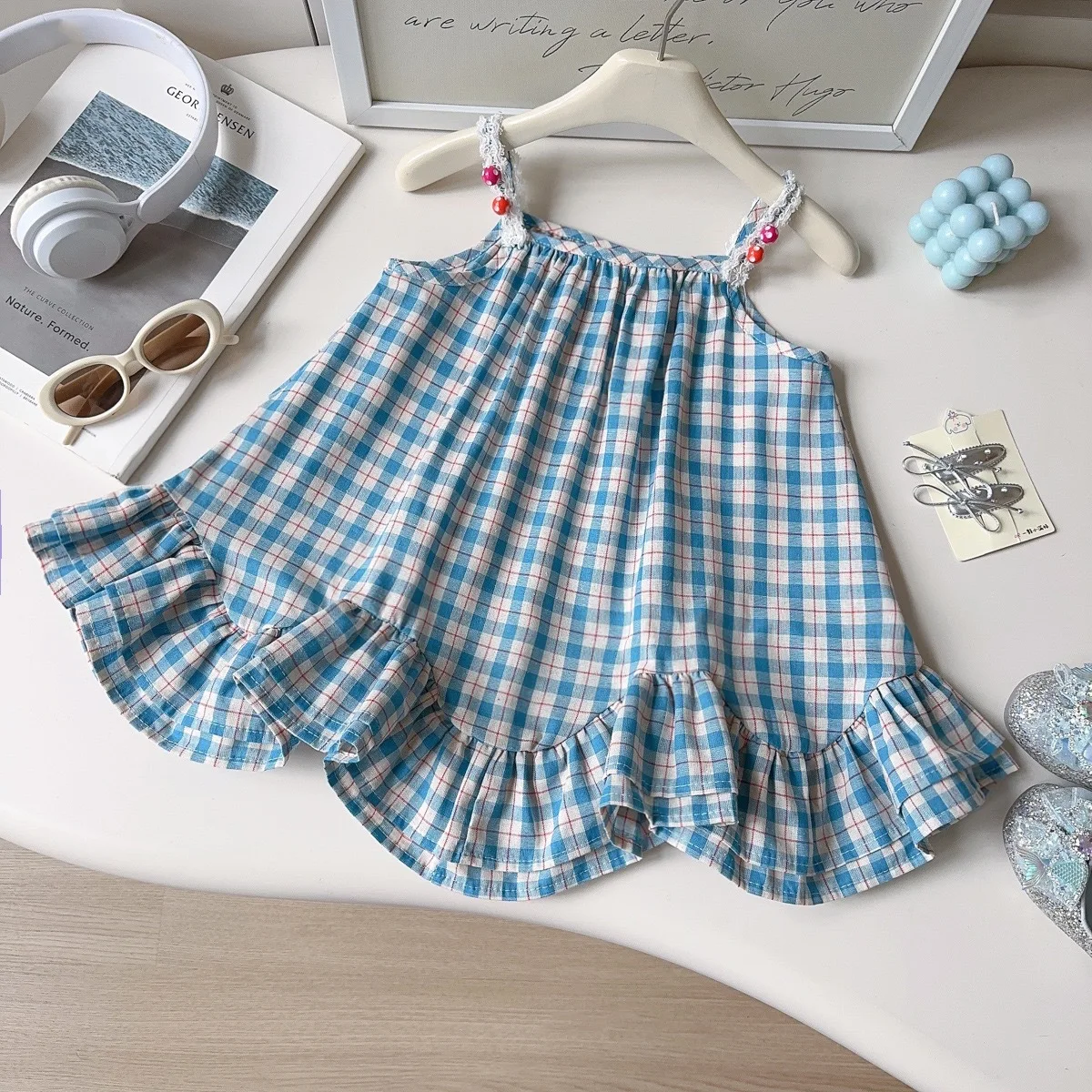2026 Summer Girls' Dress Little Girls' Checkered Strap Skirt Vacation Wind Lotus Leaf Edge