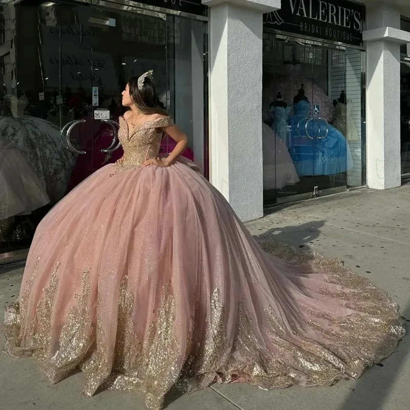 Angelsbridep brilhante rosa ouro quinceanera vestidos arco luxo ouro rendas trem vestidos de 15 anos festa aniversário personalizado