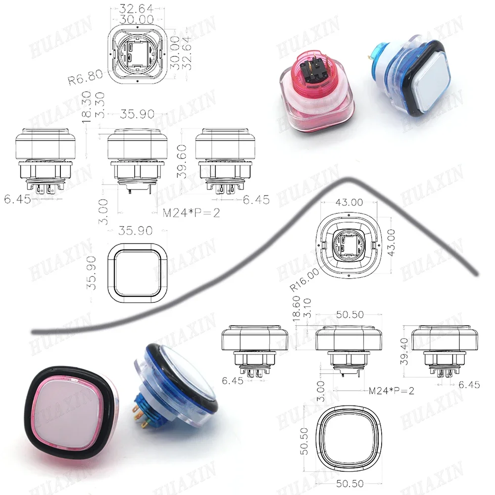 Square LED Illuminated Push Button with Micro Switch, Arcade Machine Game, Video Consoles, 50x50 cm, 35x35 cm, 12V