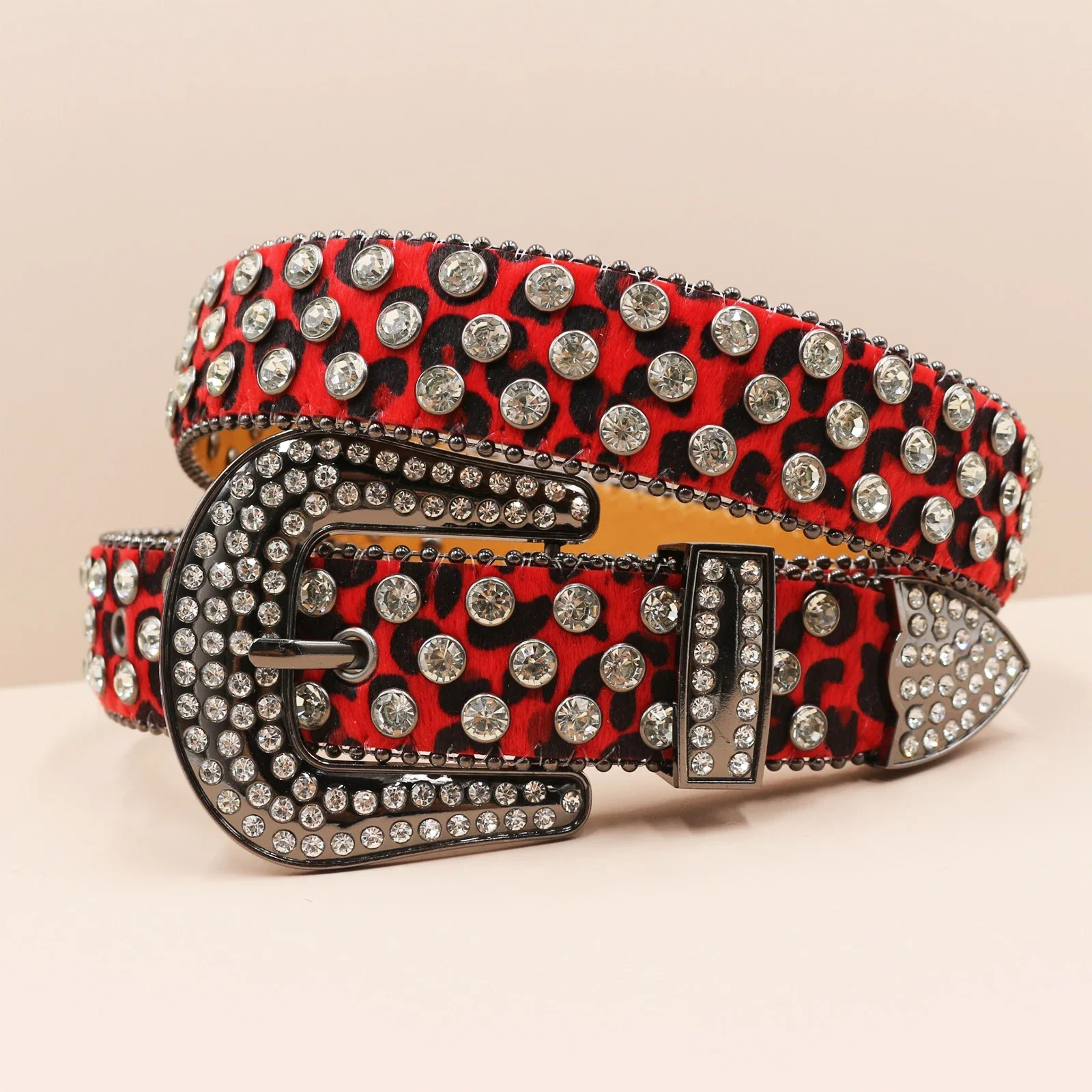 أحزمة فاسق الغربية مرصعة بأحجار الراين حزام بنج مرصع بالجلد Cinturones Para Mujer Y2K كاوبوي فريد بطباعة الفهد للرجال والنساء