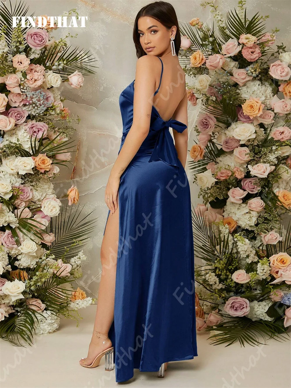 Findthat Sexy Bridesmaid Dresses Spaghetti-Straps Square Collar Mermaid Pleated Side High Slit Backless Satin Evening Party Gown